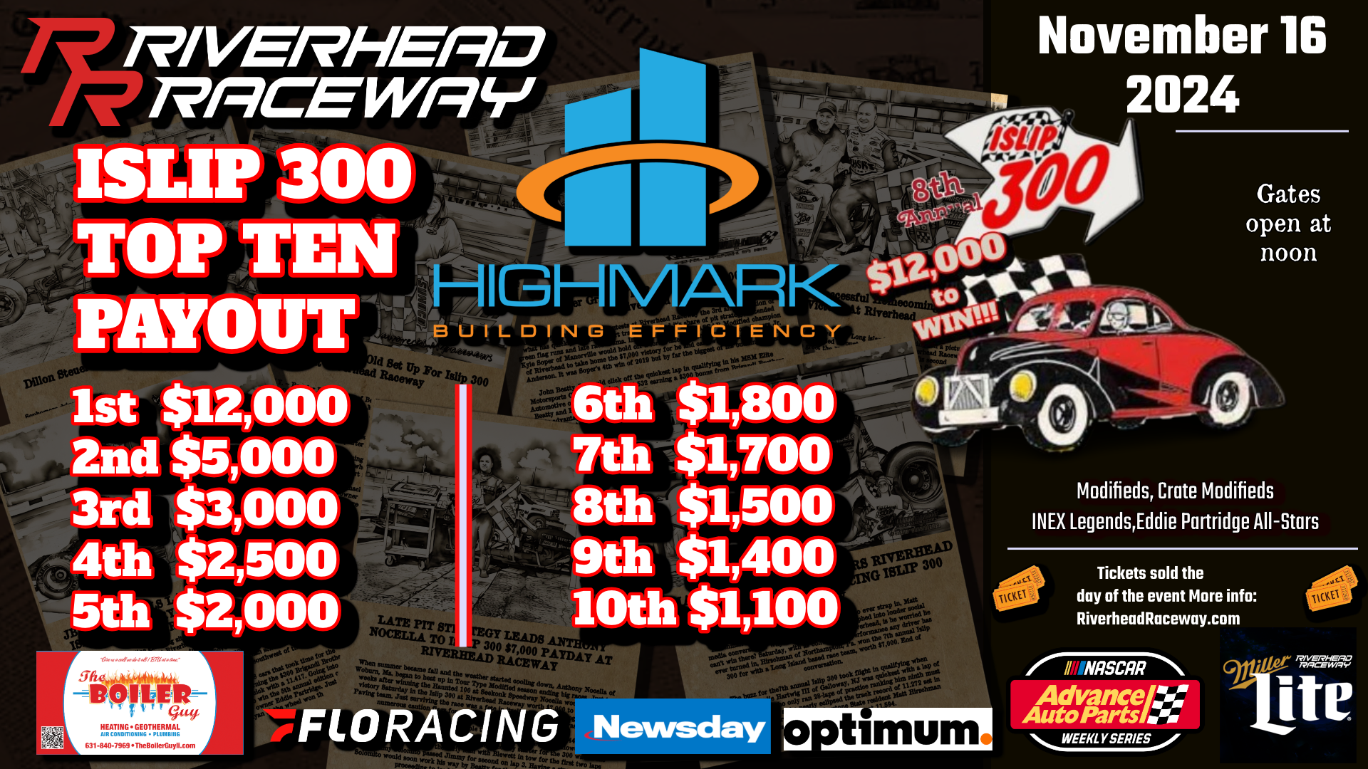 HIGHMARK BUILDING EFFICIENCY SPONSORSHIP DRIVES 8TH ANNUAL ISLIP 300 WINNER'S SHARE TO $12,000