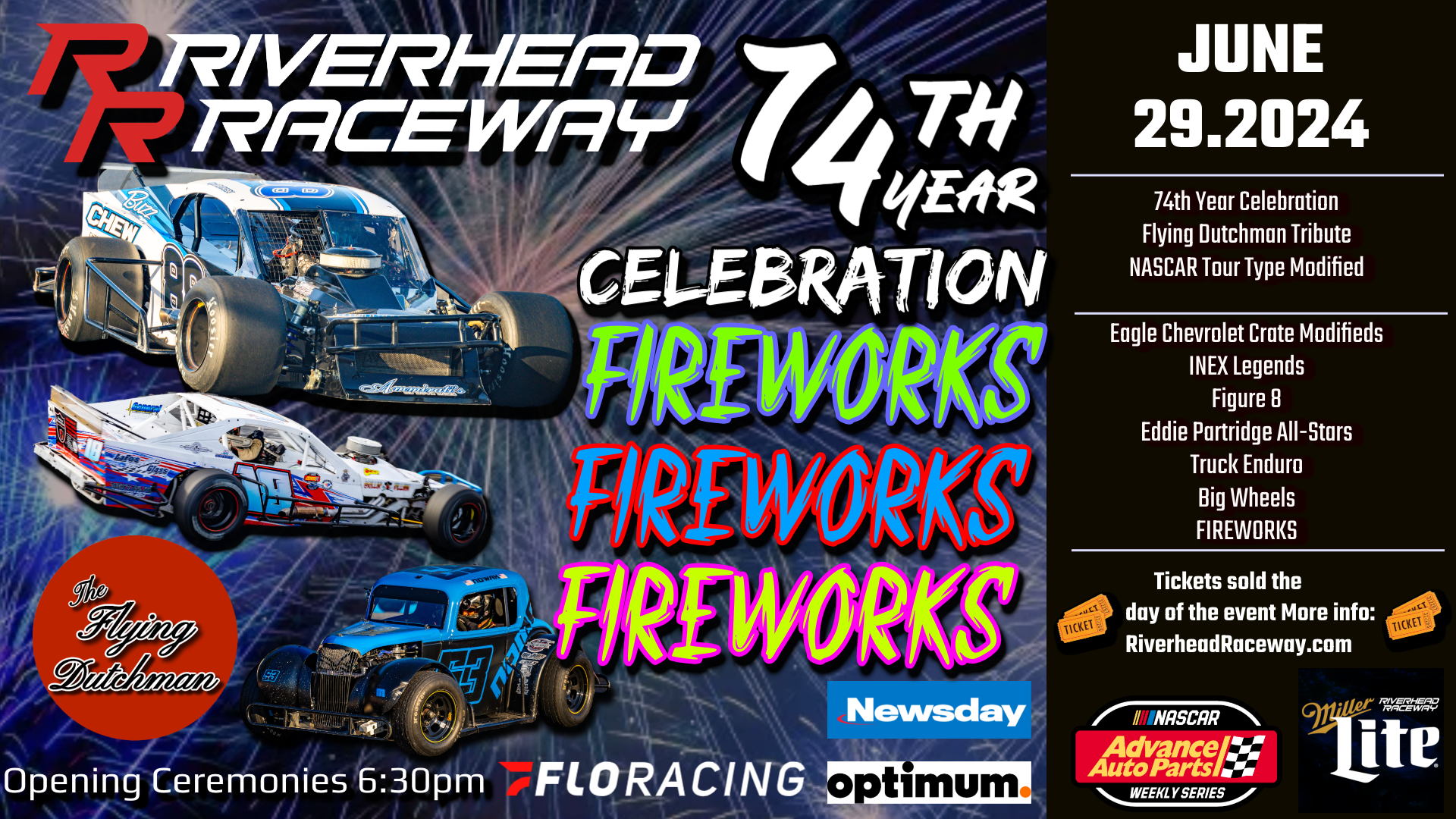 FIREWORKS, 74TH YEAR CELEBRATION & FLYING DUTCHMAN FRED HARBACH TRIBUTE MODIFIED EVENT SPOTLIGHT BUSY SATURDAY AT RIVERHEAD RACEWAY